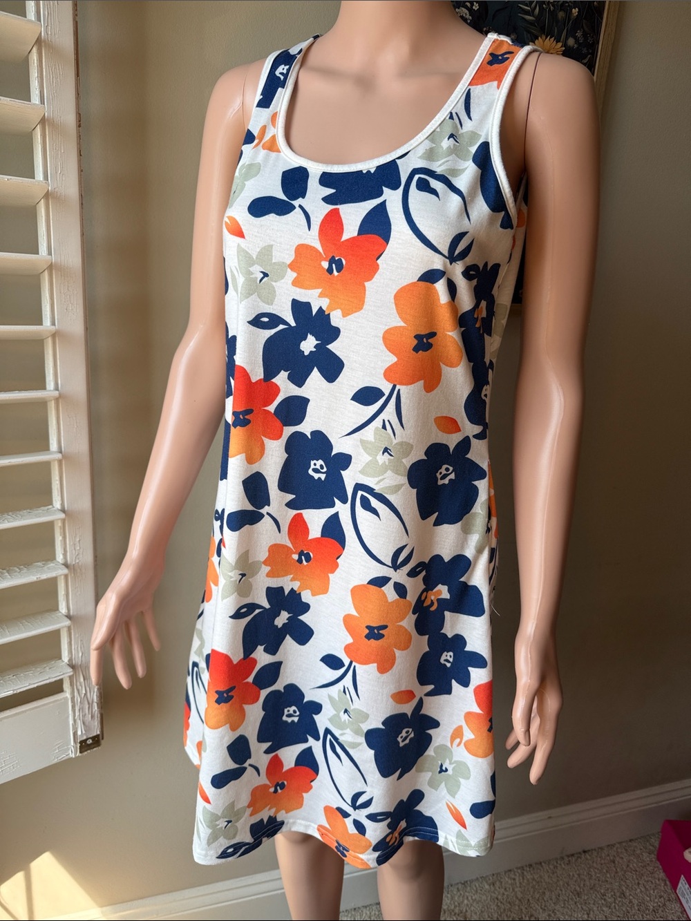 Sleeveless Floral Mini Dress in White with Navy & Orange Bloom